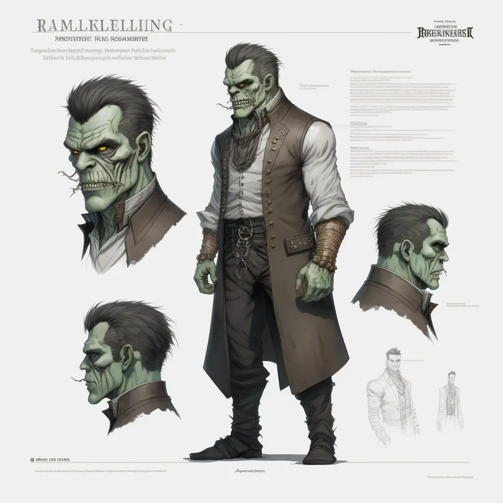 frankenstein like monster character design, JRPG, detailed features, concept design sheet, white background